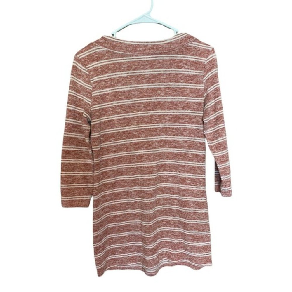 Reborn J Red White Striped 3/4 Sleeve V Neck Shirt Womens Size Small Soft Cozy
